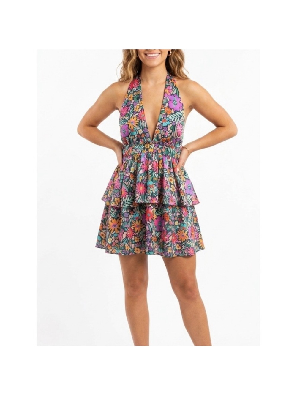 MEET ME IN SANTORINI darling dress in multi halter plunge floral size M